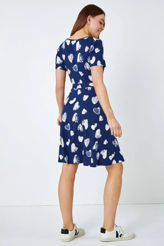Women Heart Print Stretch Jersey Skater Dress Roman Dresses