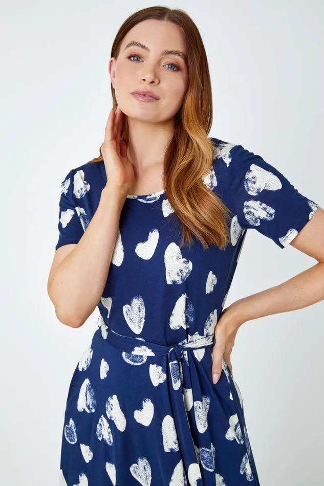 Women Heart Print Stretch Jersey Skater Dress Roman Dresses