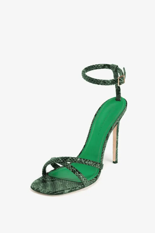 Women Heels Victoria Beckham Anne Sandal In Petrol Green Printed Snakeskin