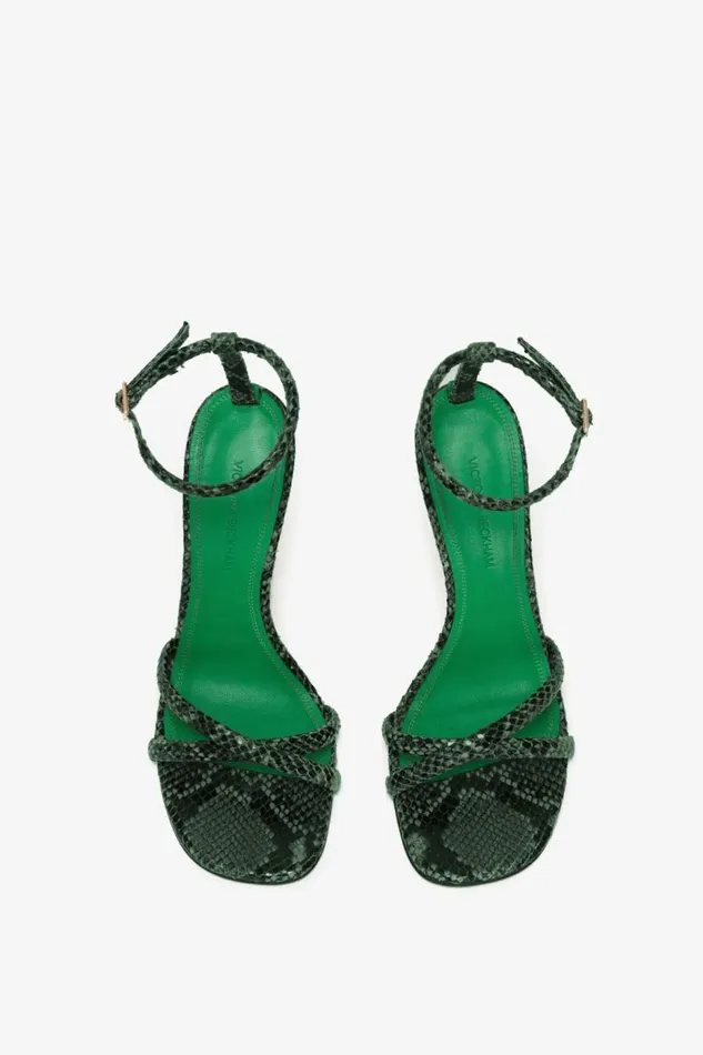 Women Heels Victoria Beckham Anne Sandal In Petrol Green Printed Snakeskin