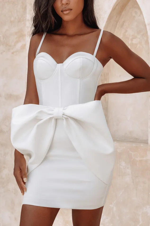Women Hen Do Dresses Lavish Alice MICHELLE Extreme Bow Corset Detail Mini Dress In White Satin