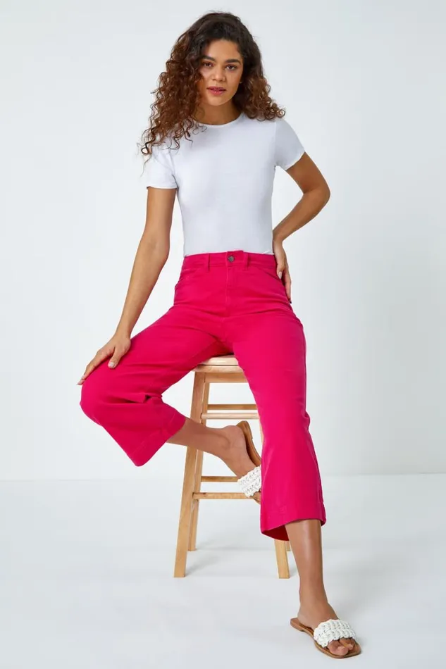 Women Hot Pink Cotton Denim Stretch Cropped Culottes Roman Trousers