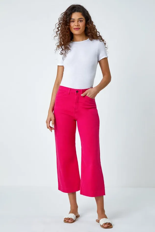 Women Hot Pink Cotton Denim Stretch Cropped Culottes Roman Trousers