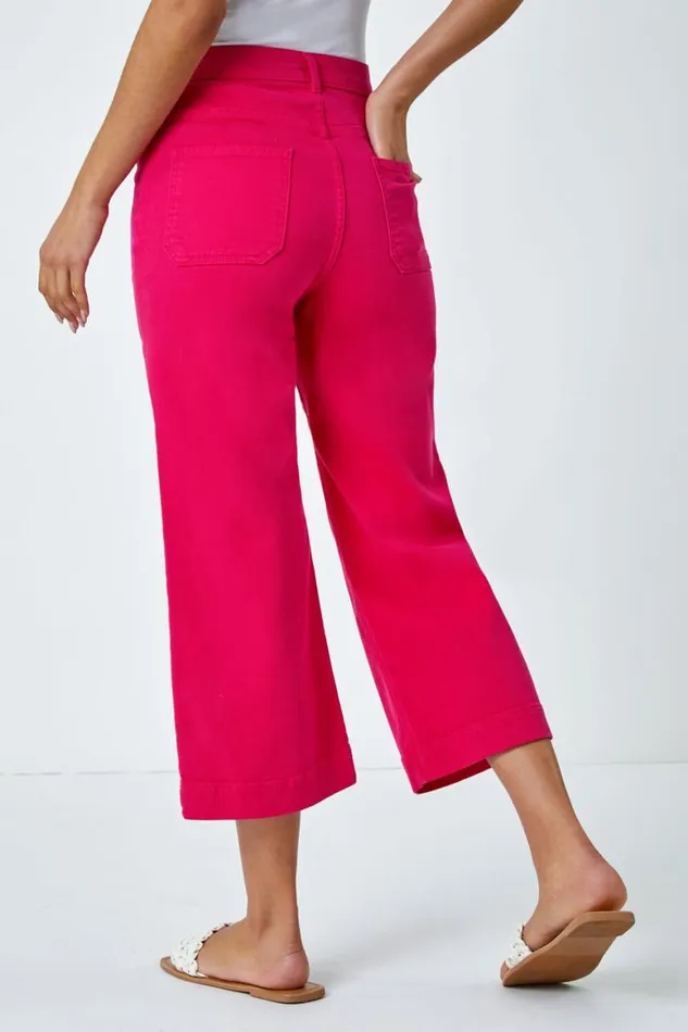 Women Hot Pink Cotton Denim Stretch Cropped Culottes Roman Trousers