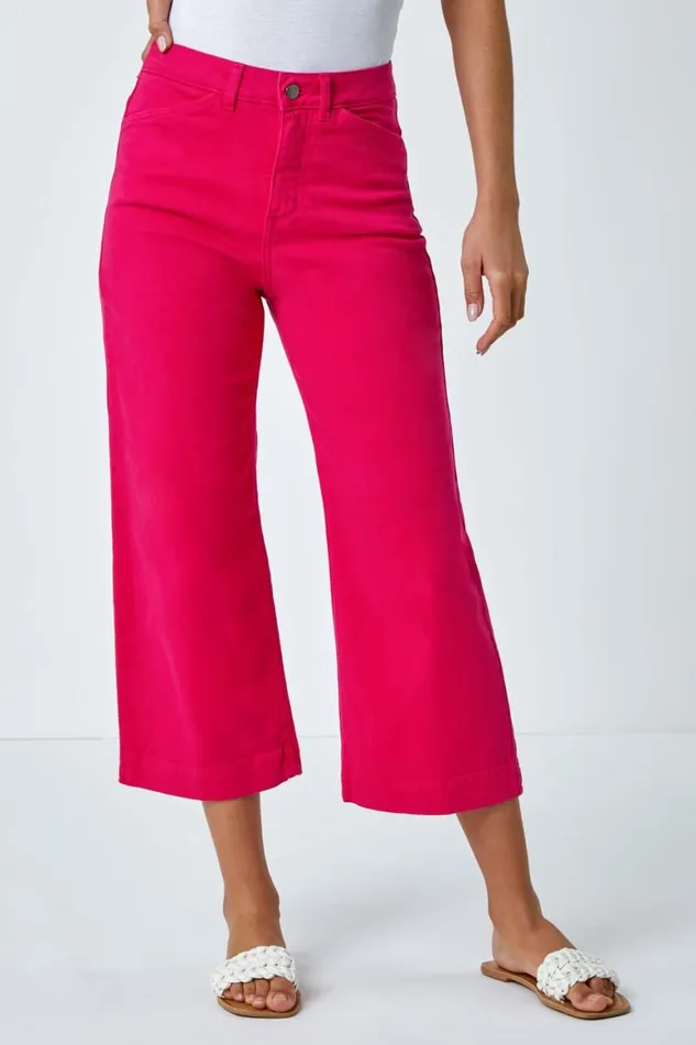 Women Hot Pink Cotton Denim Stretch Cropped Culottes Roman Trousers