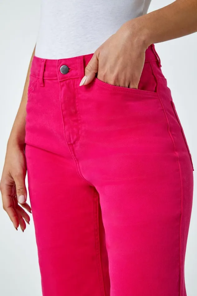 Women Hot Pink Cotton Denim Stretch Cropped Culottes Roman Trousers