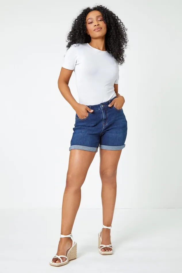 Women Indigo Petite Cotton Blend Stretch Shorts Roman Trousers