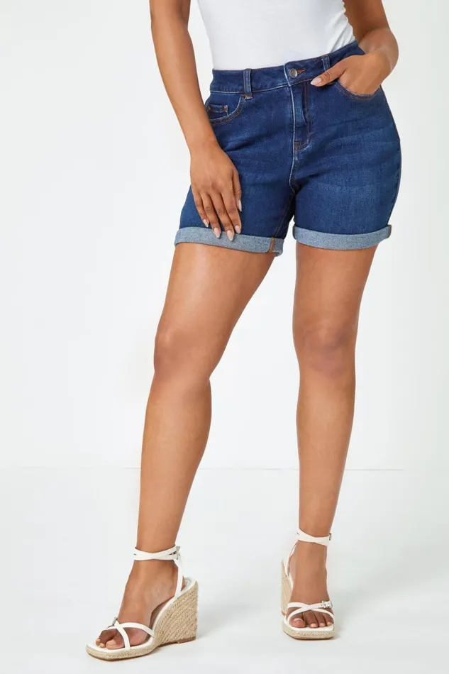 Women Indigo Petite Cotton Blend Stretch Shorts Roman Trousers