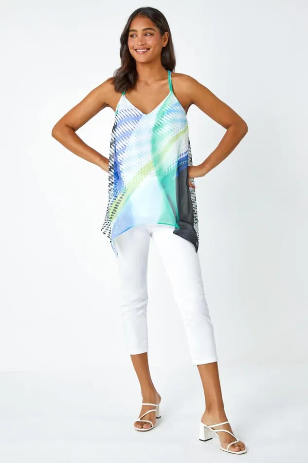 Women Ivory Abstract Print VNeck Hanky Hem Cami Top Roman Tops