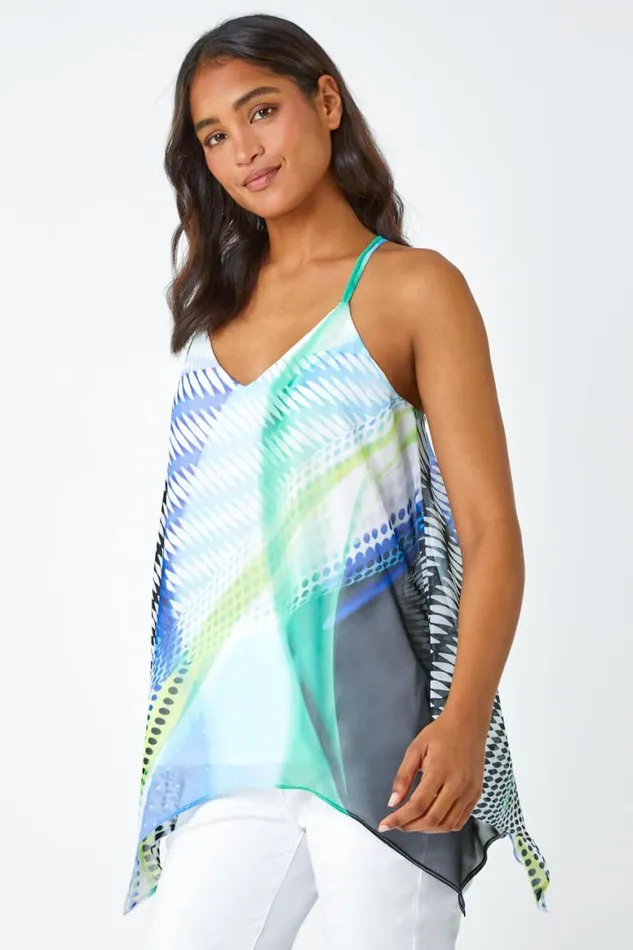 Women Ivory Abstract Print VNeck Hanky Hem Cami Top Roman Tops
