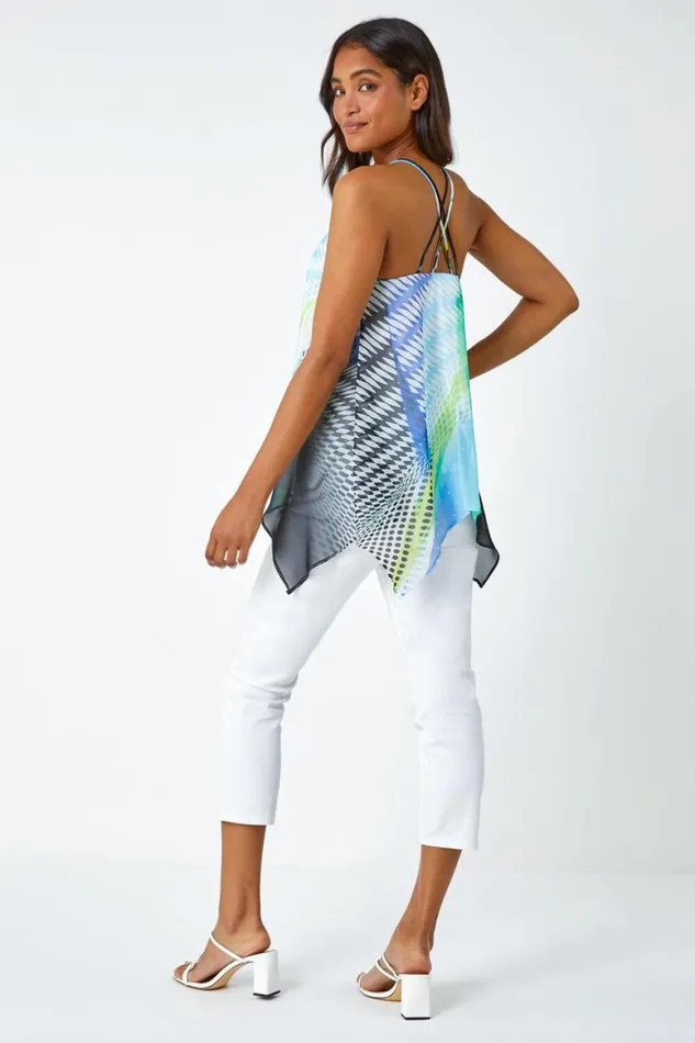 Women Ivory Abstract Print VNeck Hanky Hem Cami Top Roman Tops
