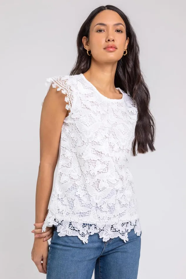 Women Ivory Butterfly Lace Stretch Top Roman Tops