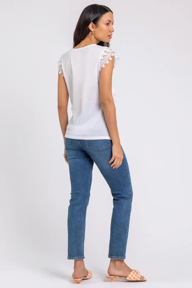 Women Ivory Butterfly Lace Stretch Top Roman Tops