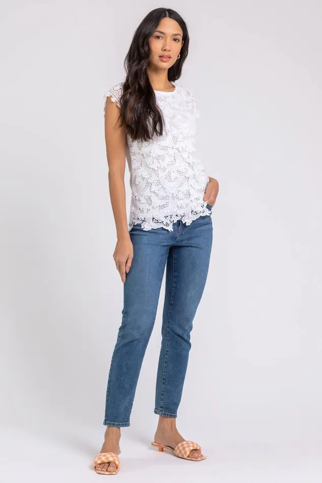 Women Ivory Butterfly Lace Stretch Top Roman Tops