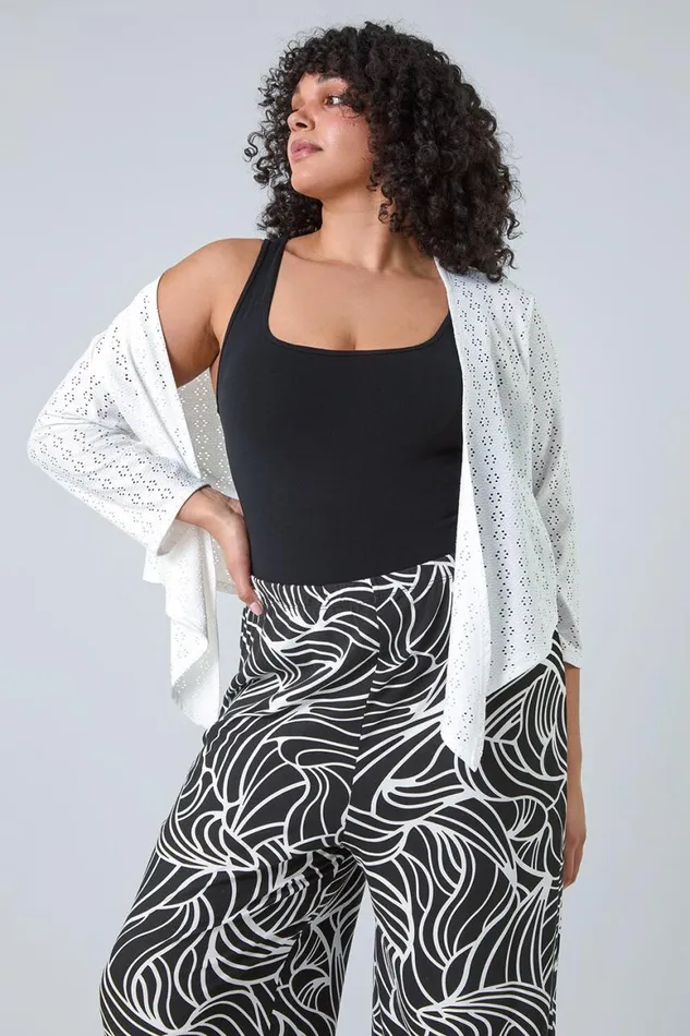 Women Ivory Curve Broderie Stretch Cardigan Roman Tops