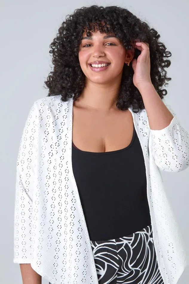 Women Ivory Curve Broderie Stretch Cardigan Roman Tops
