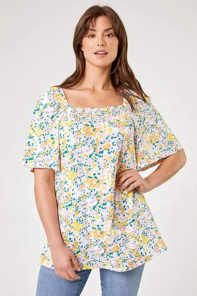 Women Ivory Curve Ditsy Floral Print Longline Top Roman Tops