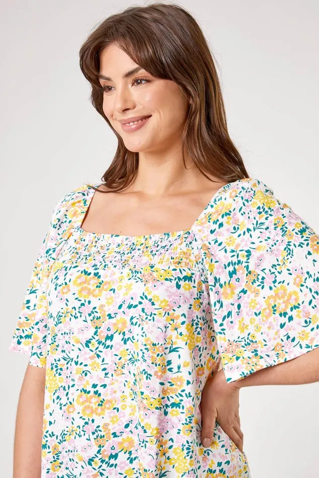 Women Ivory Curve Ditsy Floral Print Longline Top Roman Tops