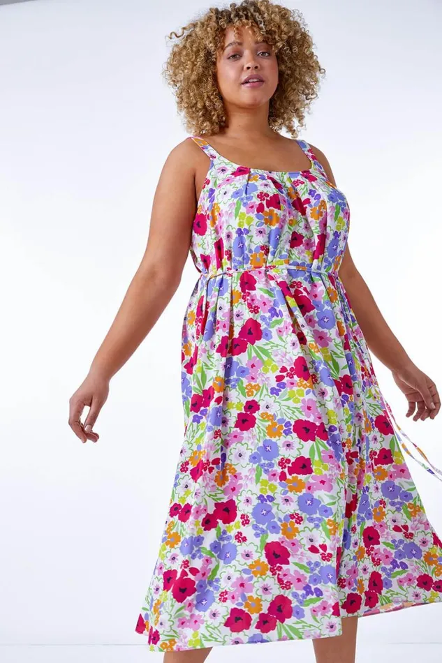 Women Ivory Curve Floral Belted Midi Dress Roman Dresses
