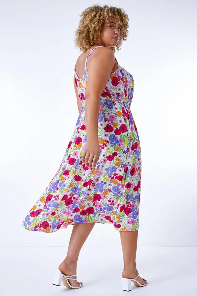 Women Ivory Curve Floral Belted Midi Dress Roman Dresses
