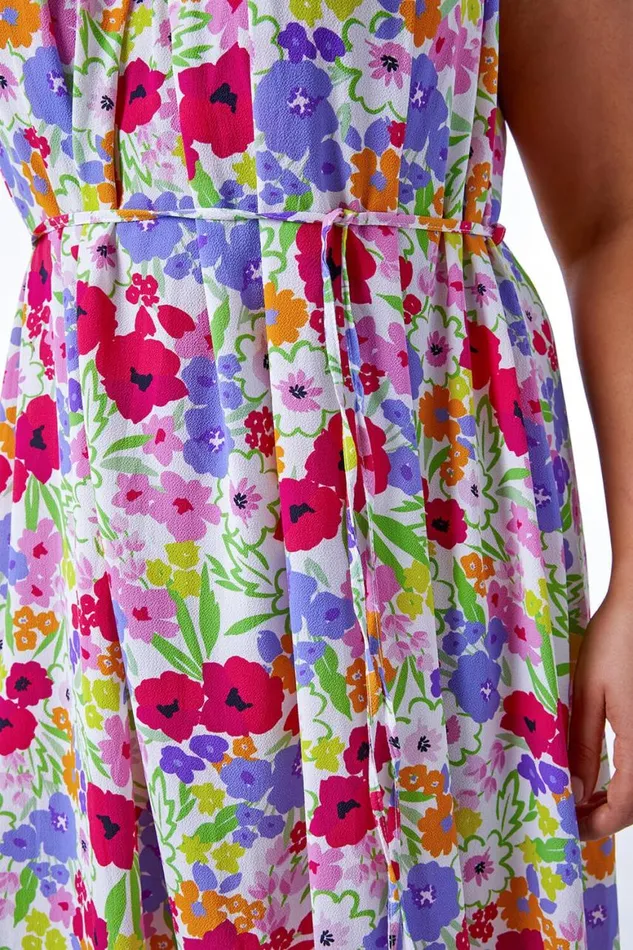 Women Ivory Curve Floral Belted Midi Dress Roman Dresses
