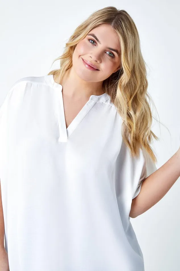 Women Ivory Curve Linen Look VNeck Longline Top Roman Tops