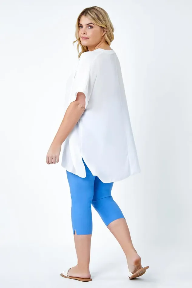 Women Ivory Curve Linen Look VNeck Longline Top Roman Tops