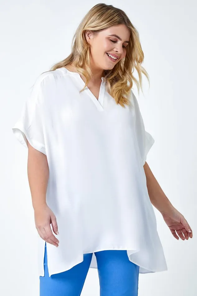Women Ivory Curve Linen Look VNeck Longline Top Roman Tops