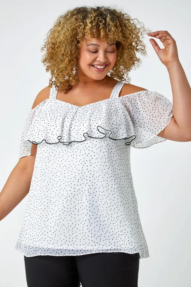 Women Ivory Curve Polka Dot Cold Shoulder Chiffon Top Roman Tops