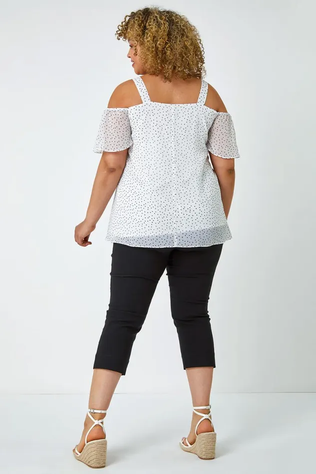 Women Ivory Curve Polka Dot Cold Shoulder Chiffon Top Roman Tops