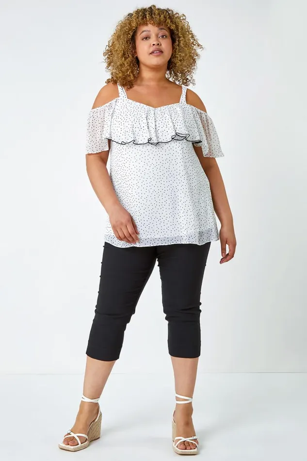 Women Ivory Curve Polka Dot Cold Shoulder Chiffon Top Roman Tops