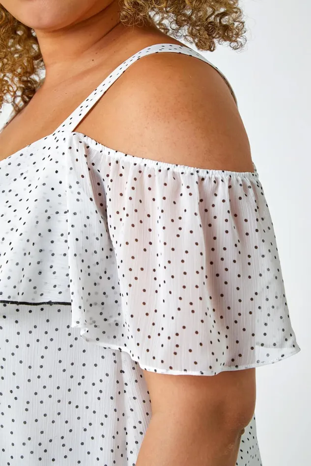 Women Ivory Curve Polka Dot Cold Shoulder Chiffon Top Roman Tops