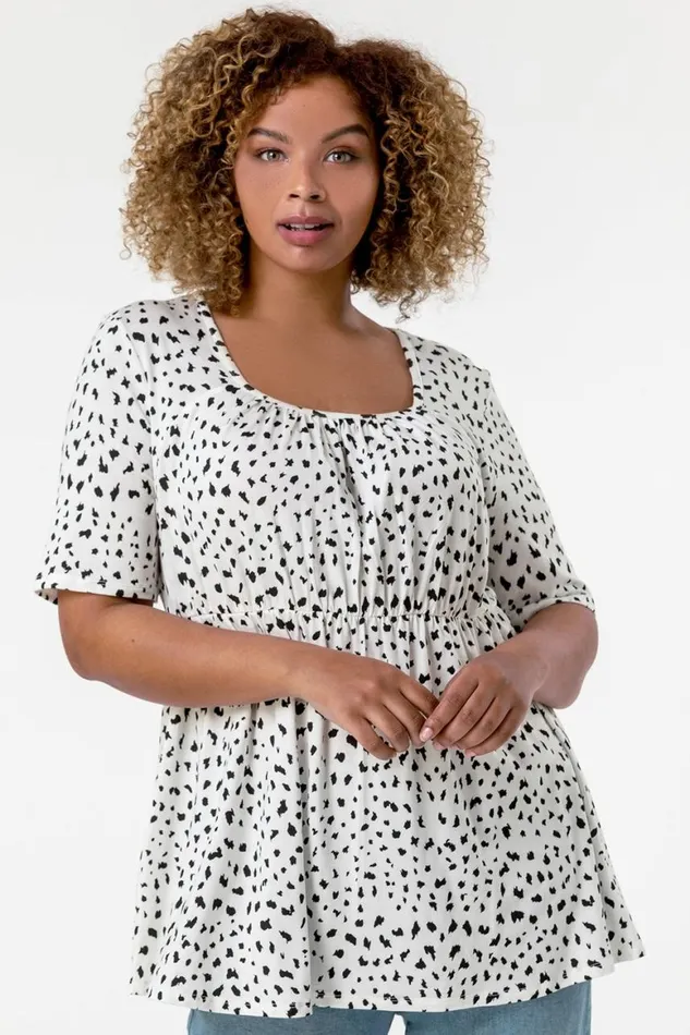 Women Ivory Curve Spot Print Gathered Top Roman Tops