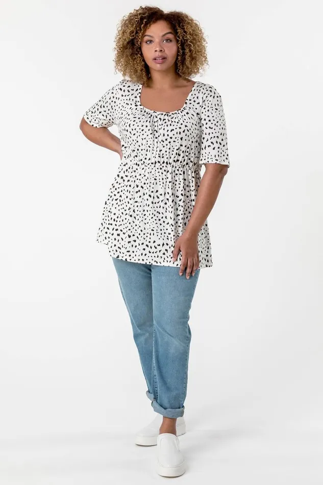 Women Ivory Curve Spot Print Gathered Top Roman Tops
