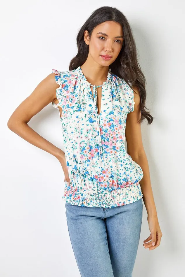 Women Ivory Ditsy Floral Print Shirred Blouson Hem Top Roman Tops