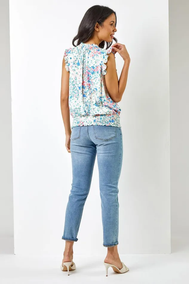 Women Ivory Ditsy Floral Print Shirred Blouson Hem Top Roman Tops
