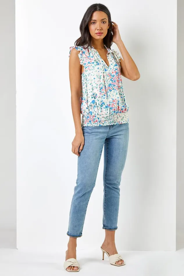 Women Ivory Ditsy Floral Print Shirred Blouson Hem Top Roman Tops