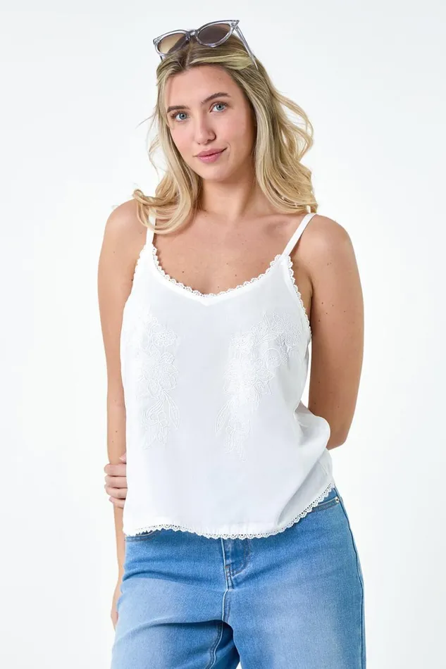 Women Ivory Floral Embroidered Cami Top Roman Tops