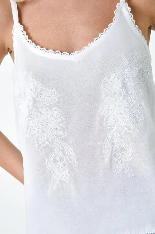 Women Ivory Floral Embroidered Cami Top Roman Tops