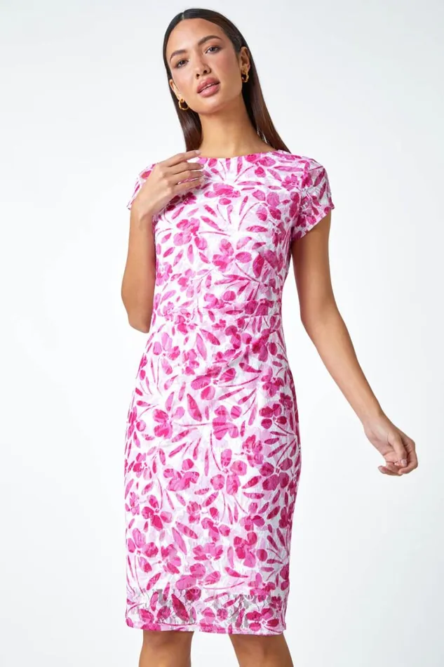 Women Ivory Floral Lace Gathered Stretch Bodycon Dress Roman Dresses