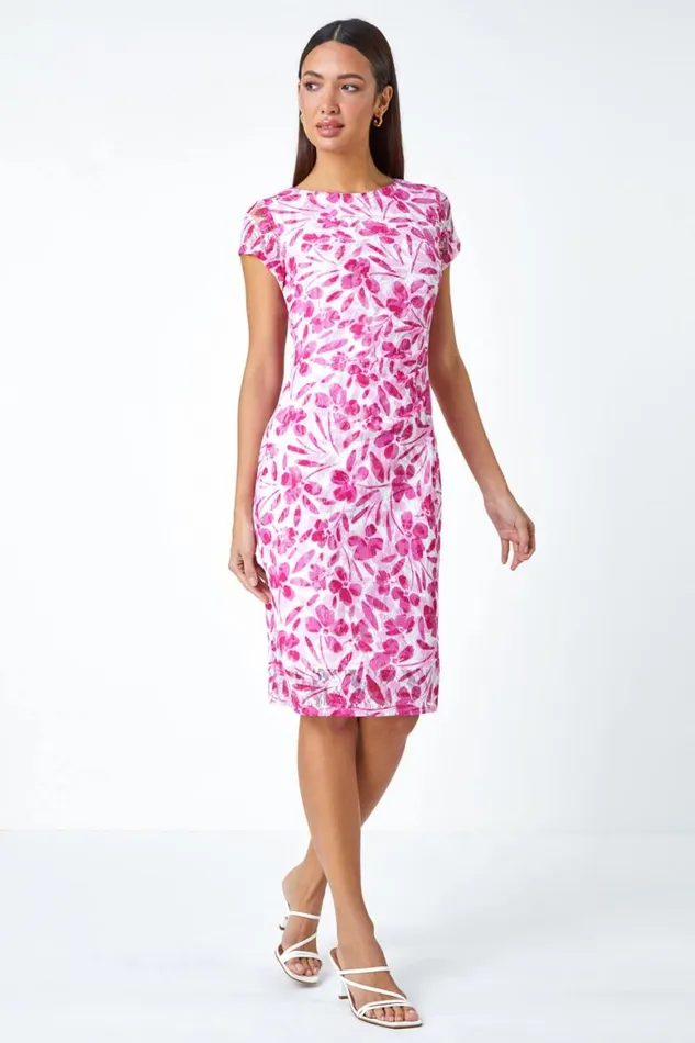 Women Ivory Floral Lace Gathered Stretch Bodycon Dress Roman Dresses