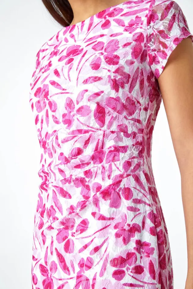 Women Ivory Floral Lace Gathered Stretch Bodycon Dress Roman Dresses
