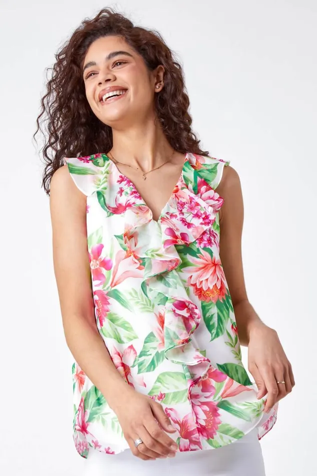 Women Ivory Floral Print VNeck Ruffle Front Chiffon Top Roman Tops