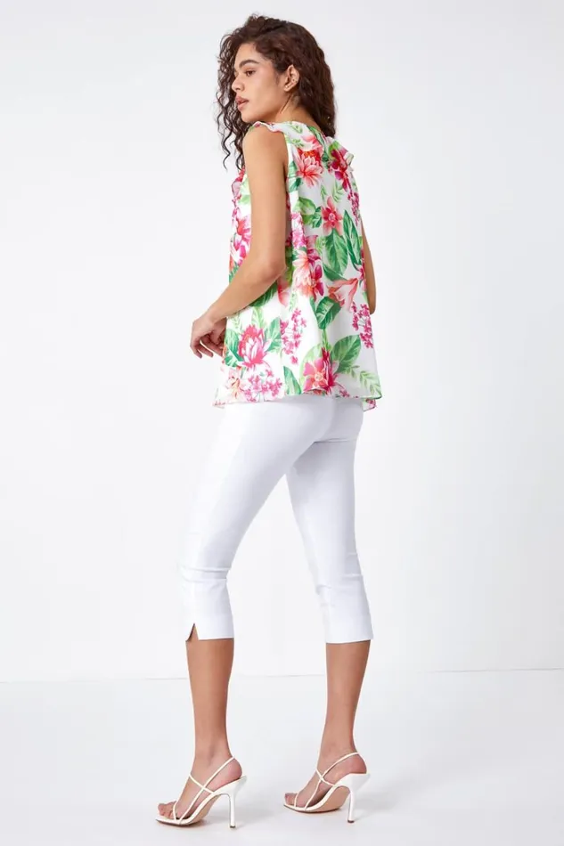 Women Ivory Floral Print VNeck Ruffle Front Chiffon Top Roman Tops