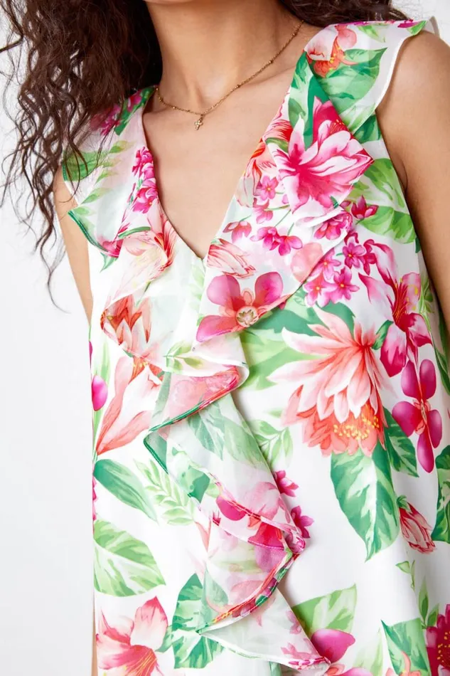 Women Ivory Floral Print VNeck Ruffle Front Chiffon Top Roman Tops