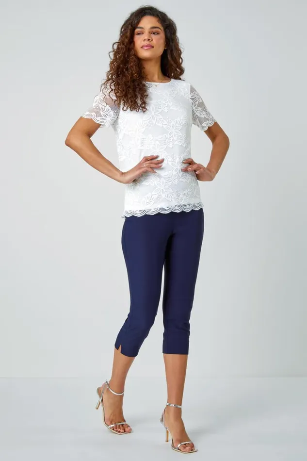 Women Ivory Floral Stretch Lace Top Roman Tops