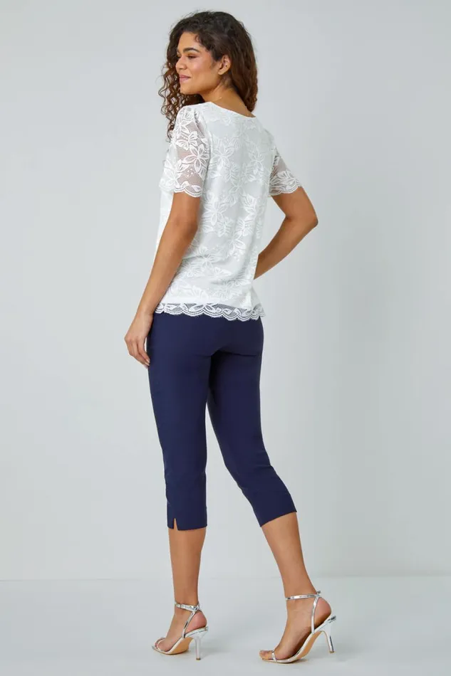 Women Ivory Floral Stretch Lace Top Roman Tops