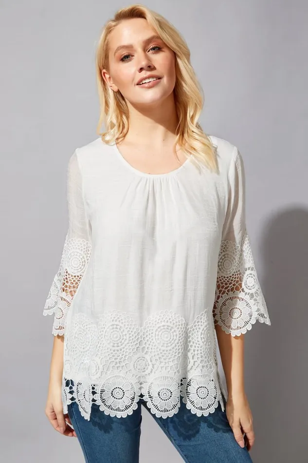 Women Ivory Lace Hem Tunic Top Roman Tops