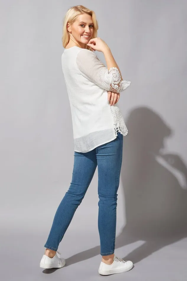 Women Ivory Lace Hem Tunic Top Roman Tops