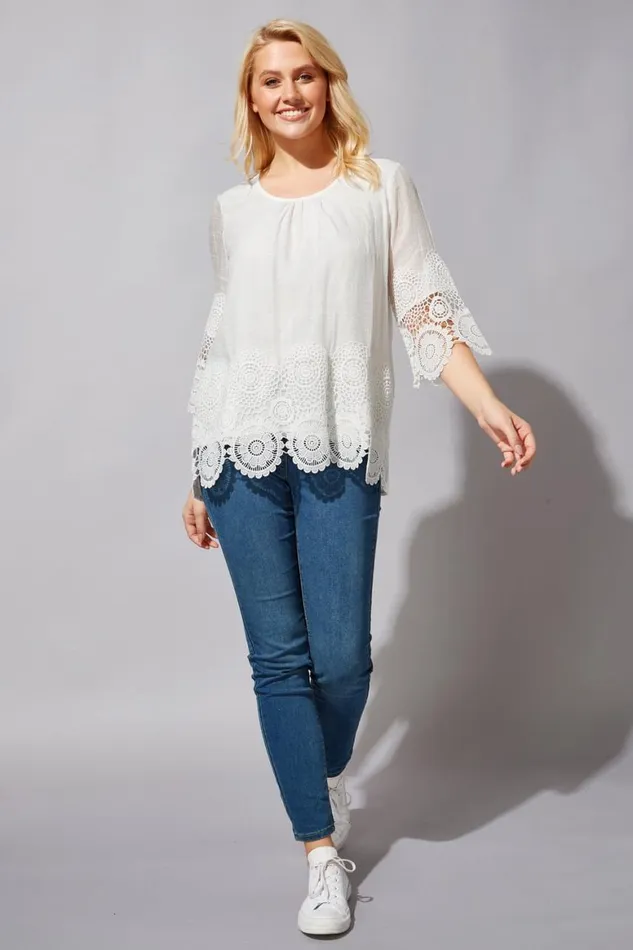 Women Ivory Lace Hem Tunic Top Roman Tops